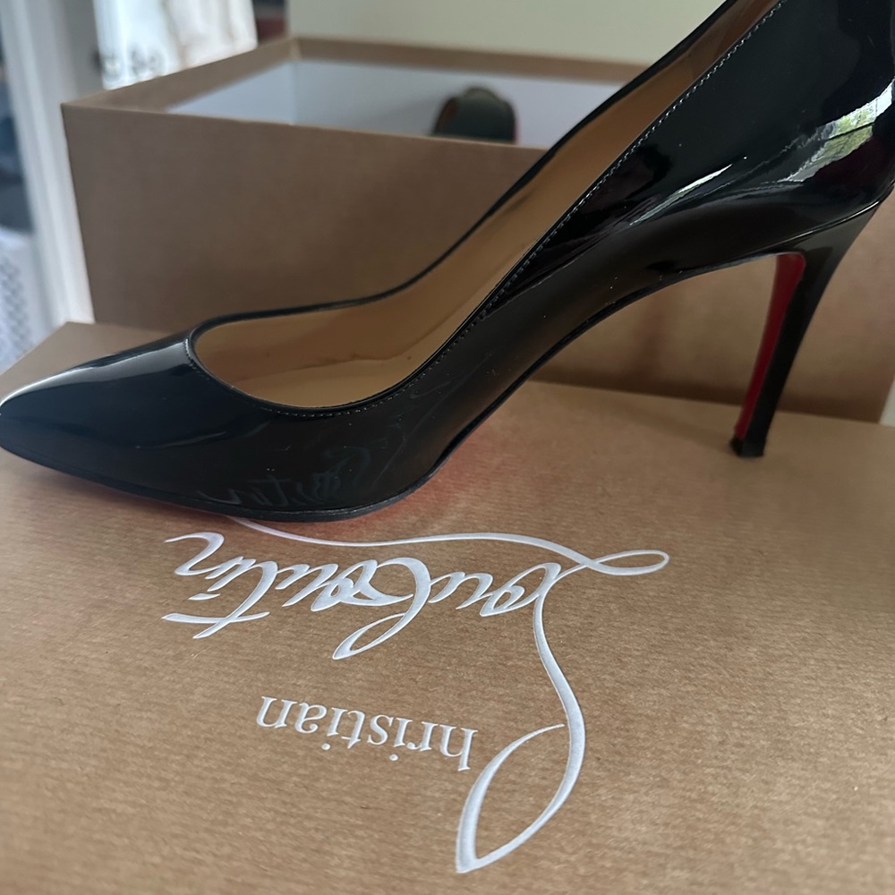 Christian Louboutin Black Patent Pointed Toe Pumps with Red Sole